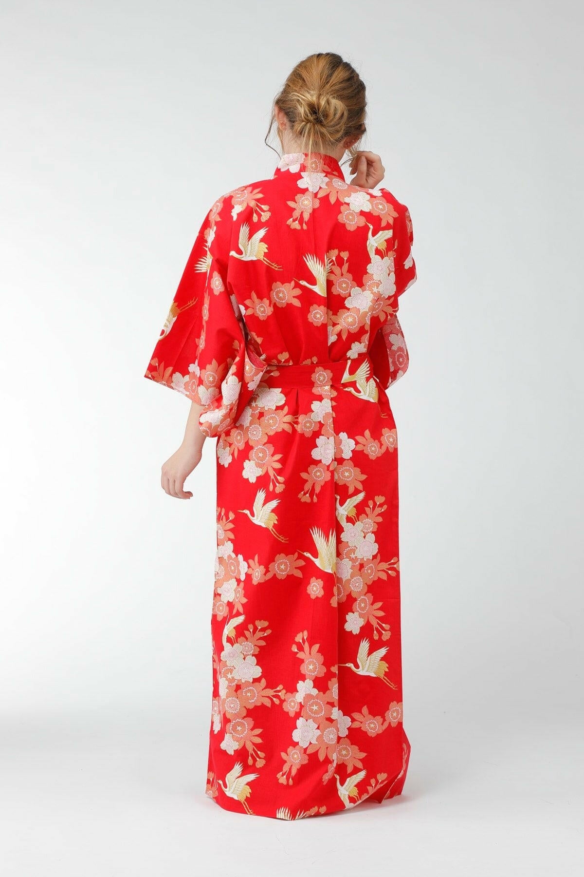 Women Cherry Blossoms & Crane Cotton Yukata Kimono.