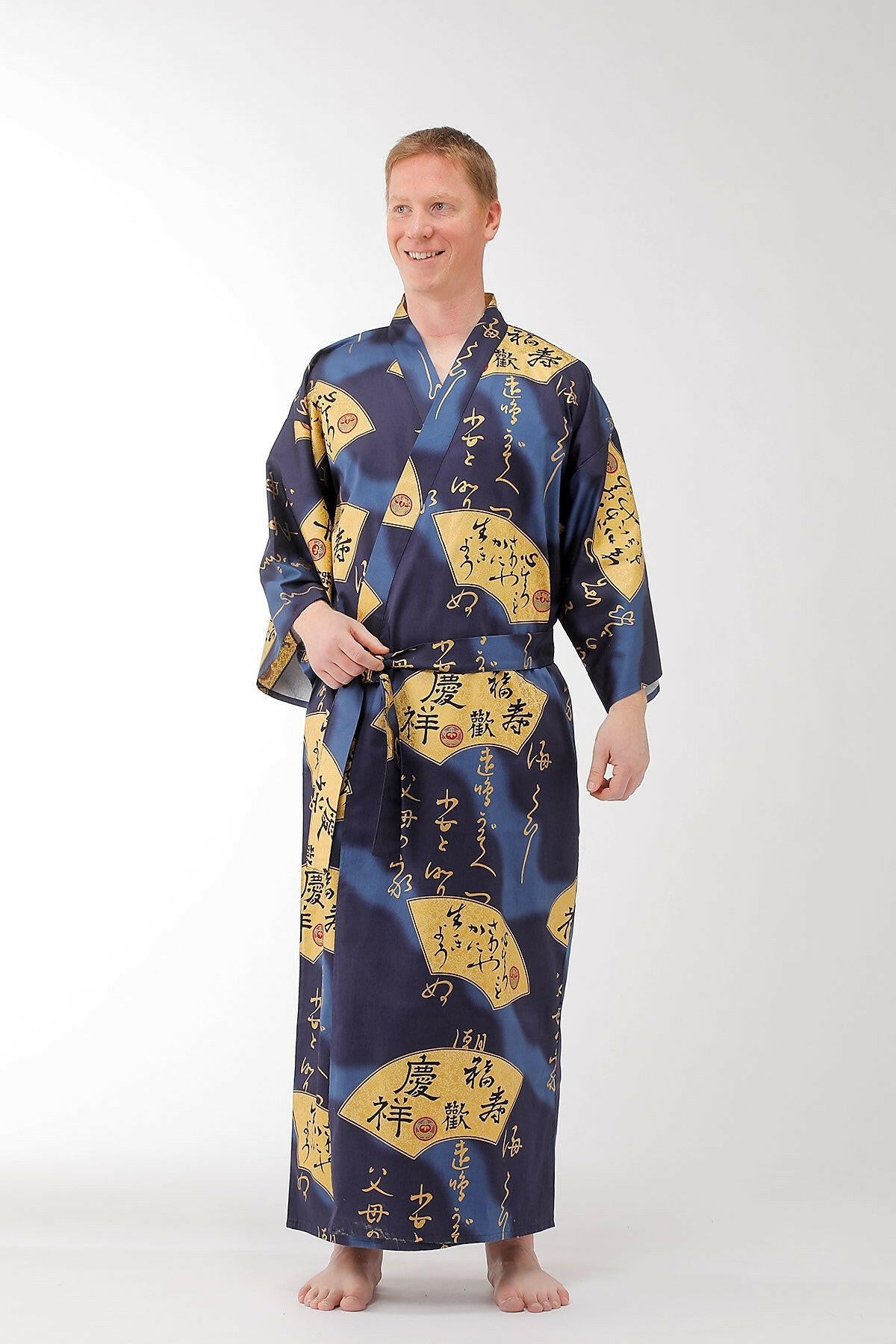 Men Golden Folding Fan Cotton Sateen Kimono.