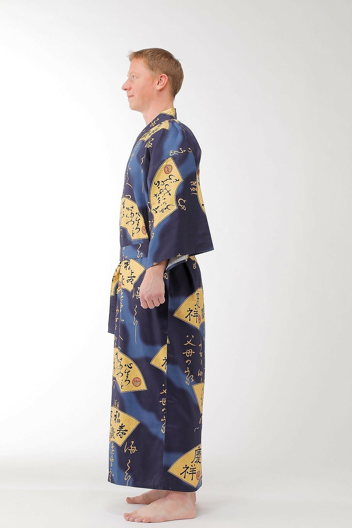 Men Golden Folding Fan Cotton Sateen Kimono.