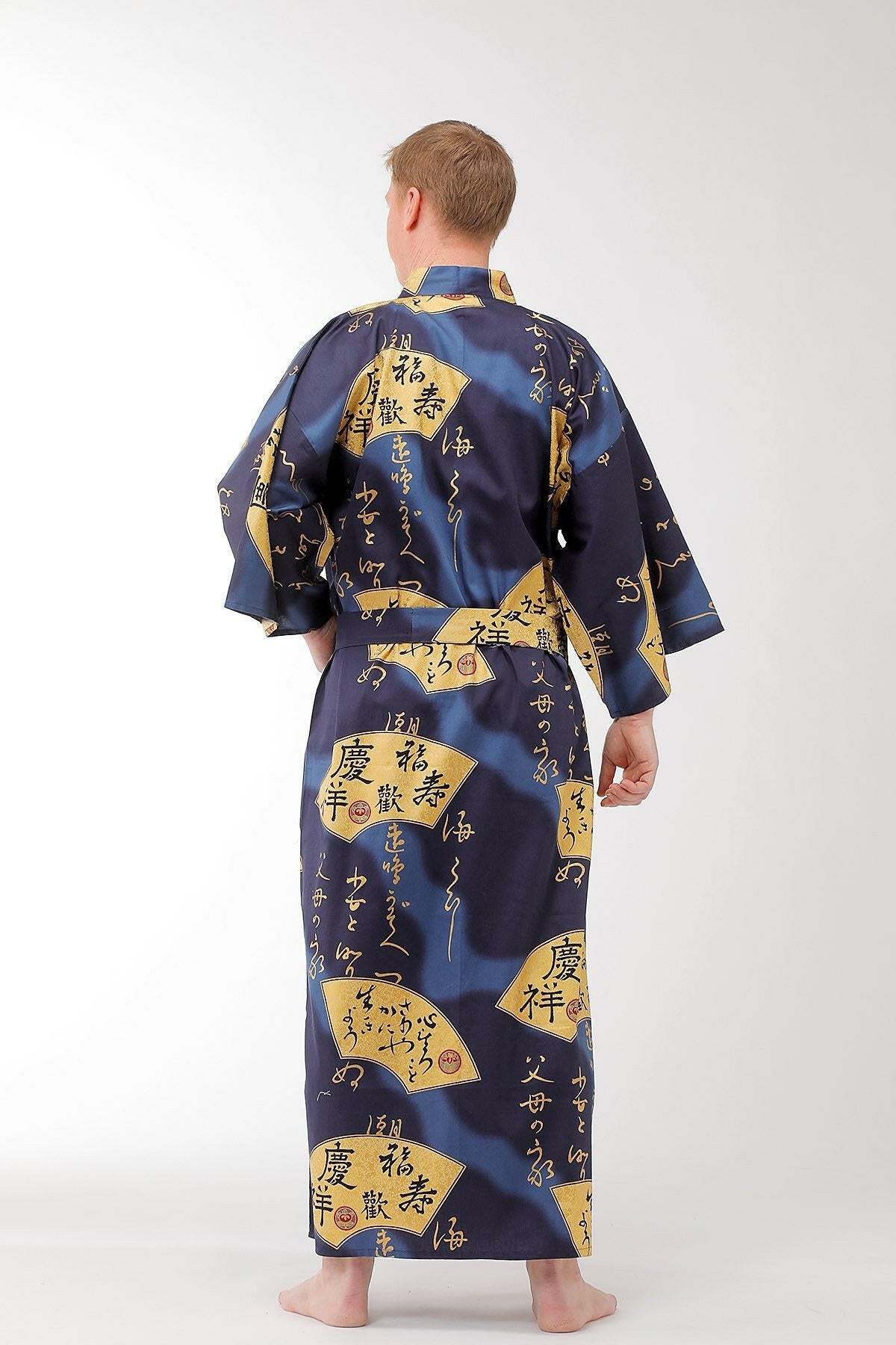 Men Golden Folding Fan Cotton Sateen Kimono.