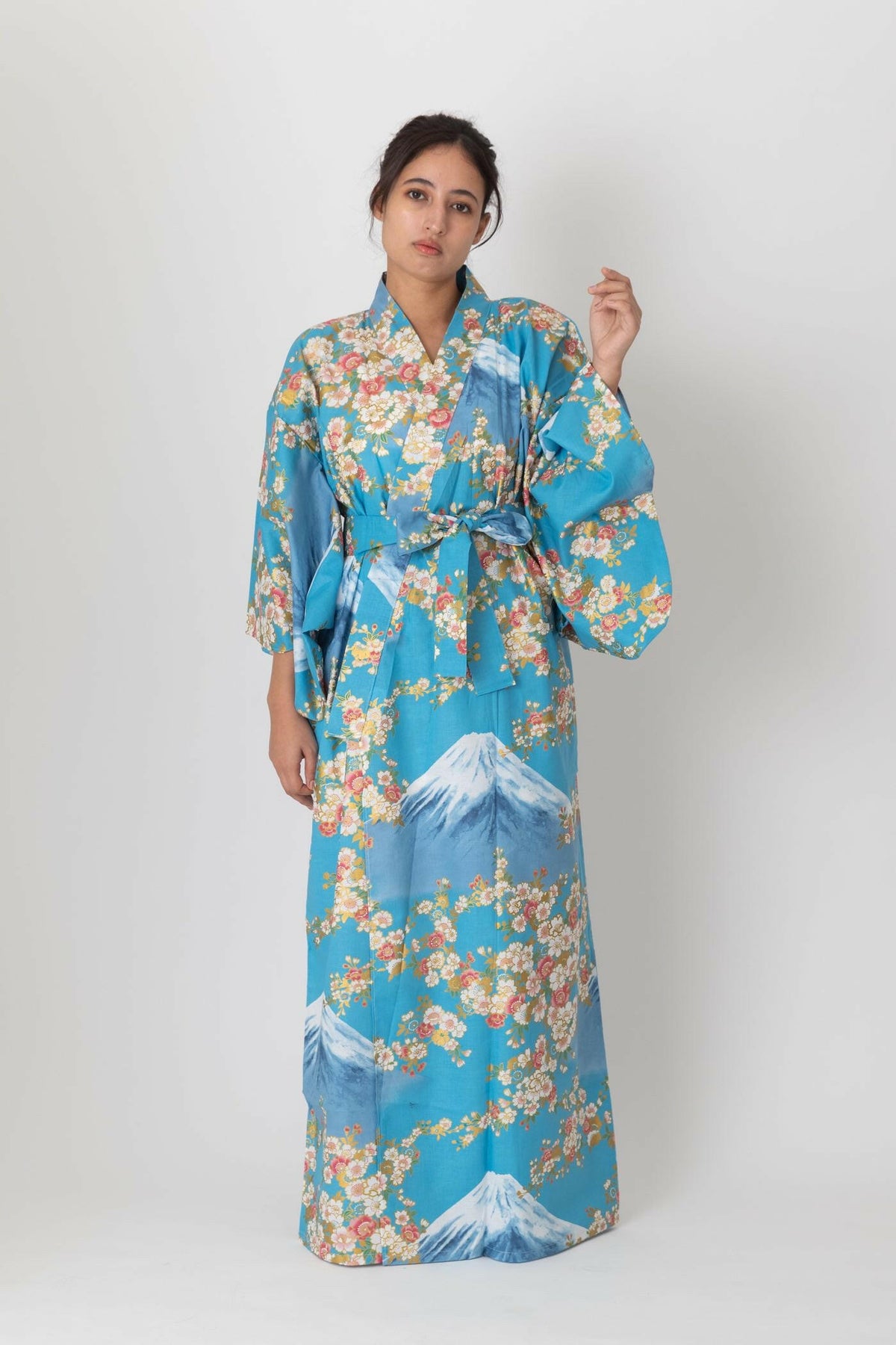 Women Sakura on Mt. Fuji Cotton Yukata Kimono.