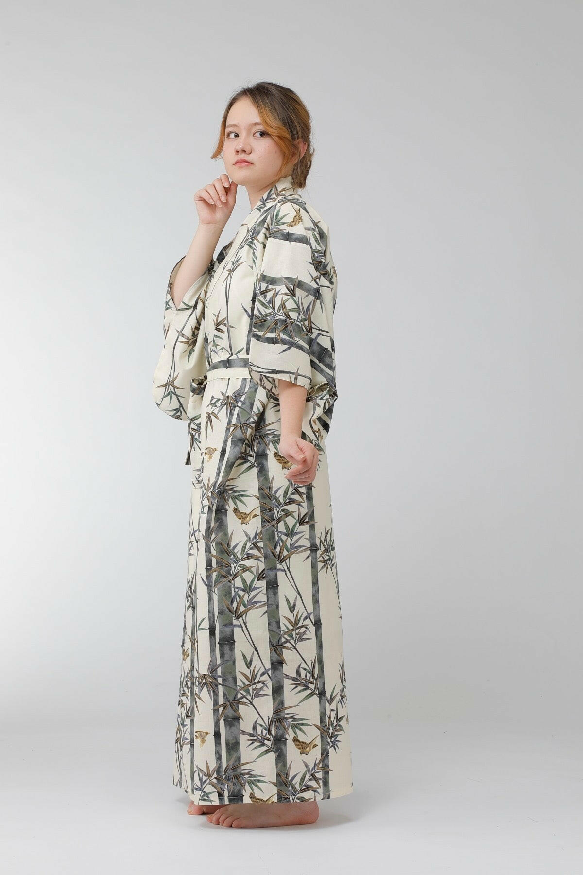 Women Bamboo & Sparrow Cotton Yukata Kimono.
