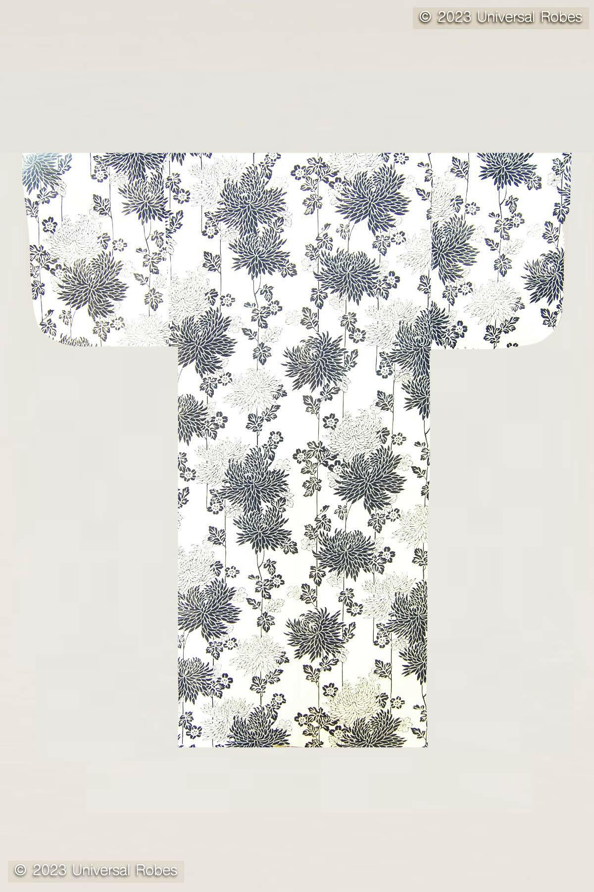 Women White Chrysanthemum Cotton Yukata Kimono.