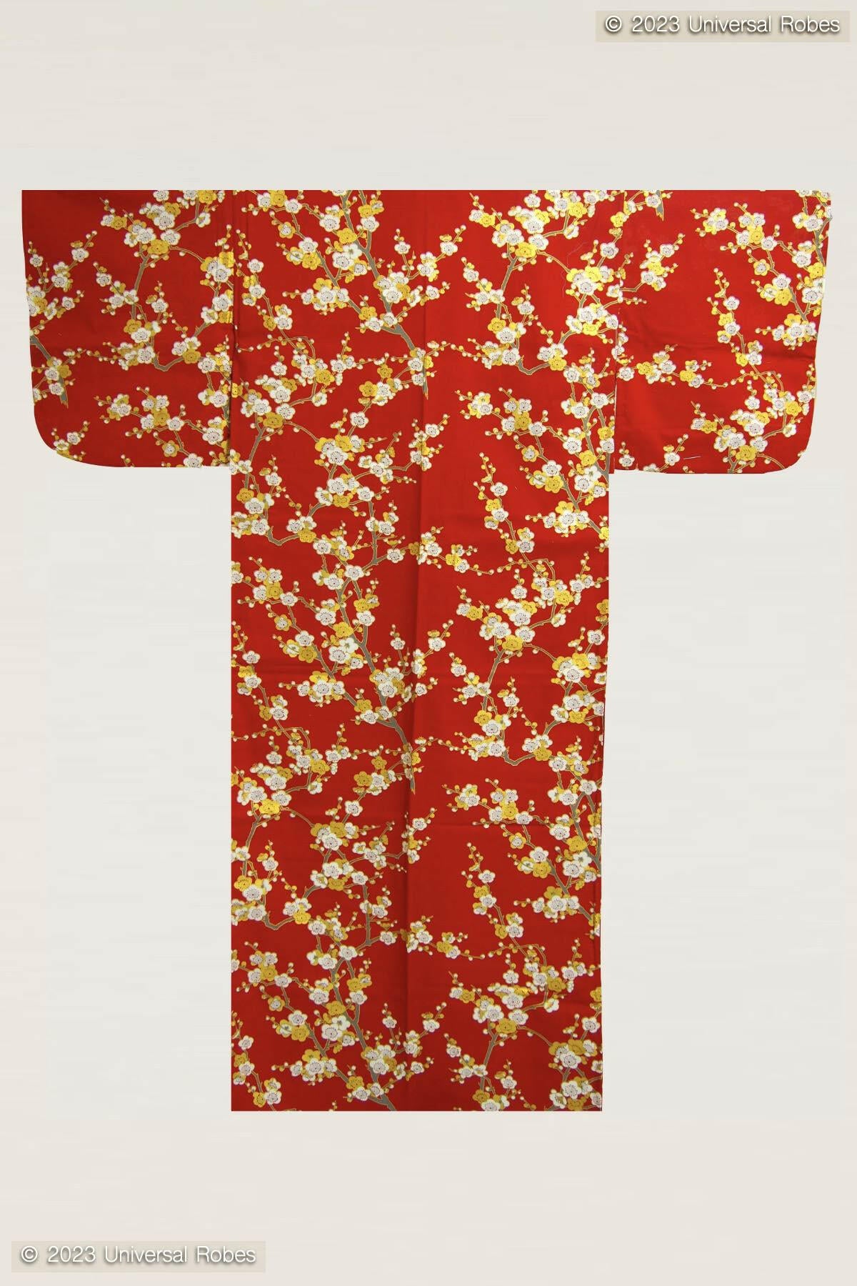 Women White Plum Cotton Yukata Kimono.