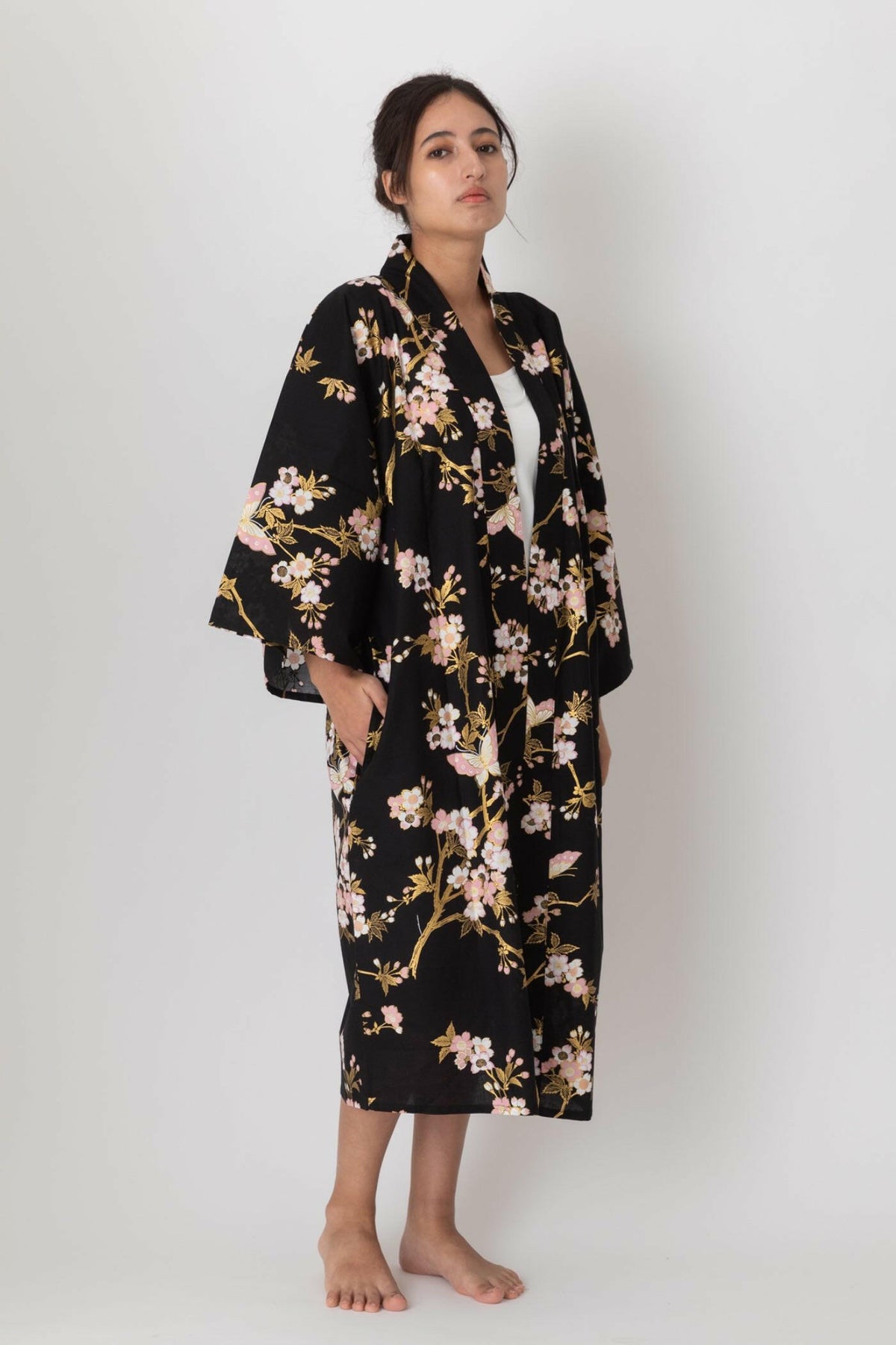 Women Cherry Blossoms & Butterfly Cotton Short Yukata Kimono Color Black Model Side No Belt View