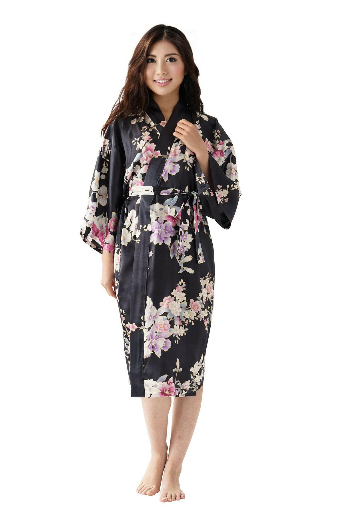 Women Orchid Silk Short Kimono Color Black Model Front View