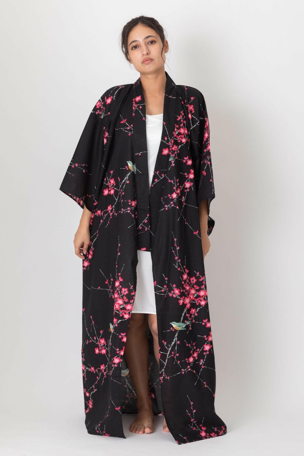 Plus Size: Women Plum & Bush Warbler Cotton Yukata Kimono.