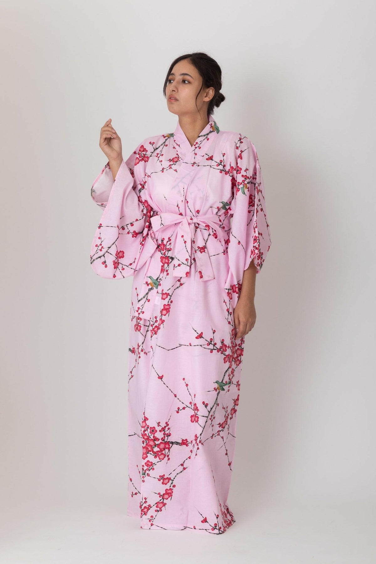 Women Plum & Bush Warbler Cotton Yukata Kimono Color Pink Model Front View