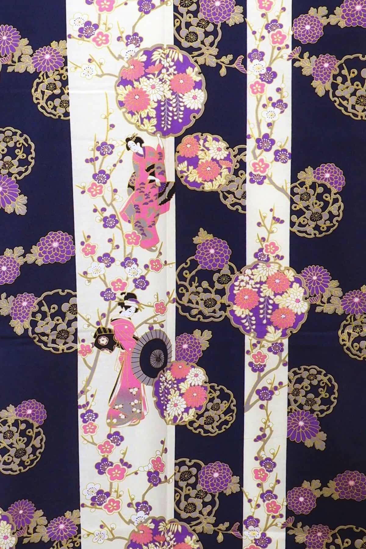 Women Geisya Beauty on Stripe Cotton Yukata Kimono.