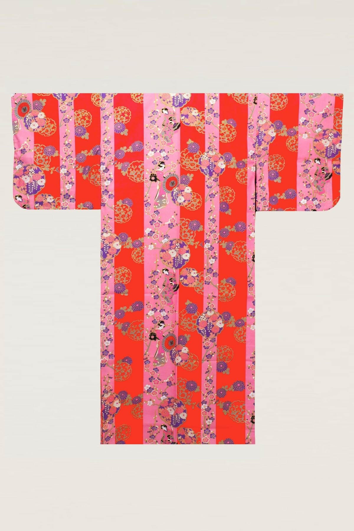 Women Geisya Beauty on Stripe Cotton Yukata Kimono.