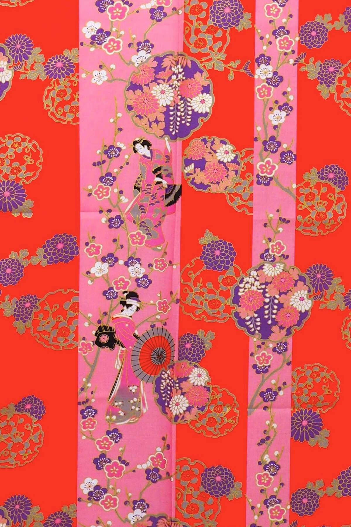 Women Geisya Beauty on Stripe Cotton Yukata Kimono.