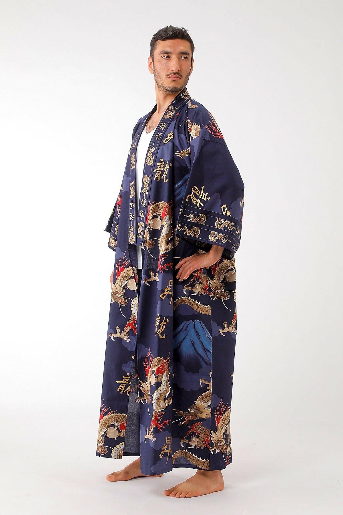 Plus Size: Men Dragon & Mt. Fuji Cotton Yukata Kimono.