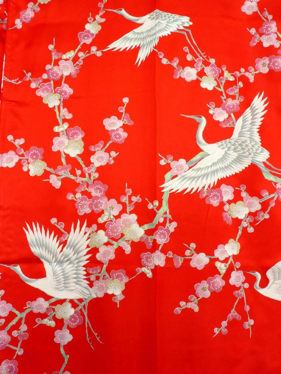 Women Plum & Crane Polyester Short Kimono Color Red Product Zoom View