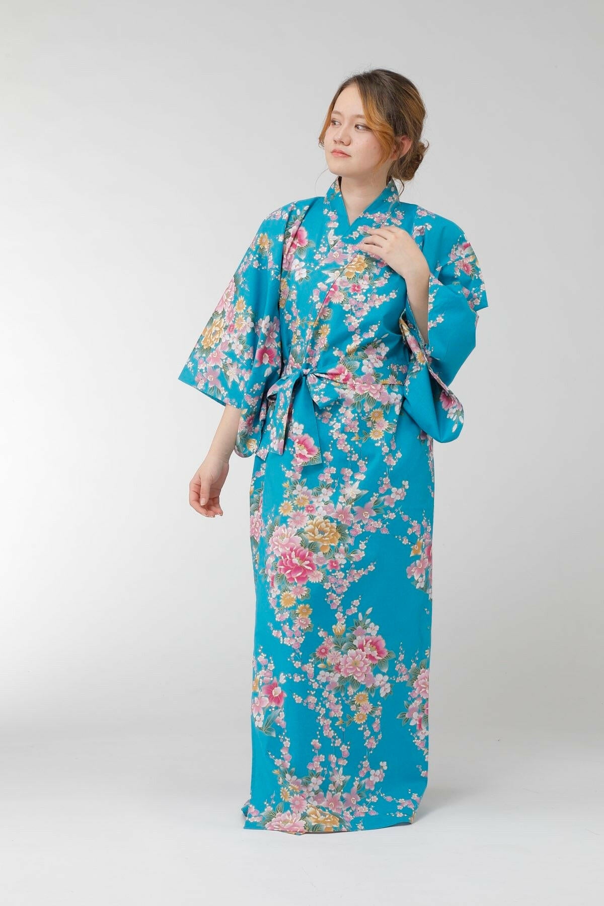 Women Peony & Orchis Cotton Yukata Kimono Color Turquoise Model Front View