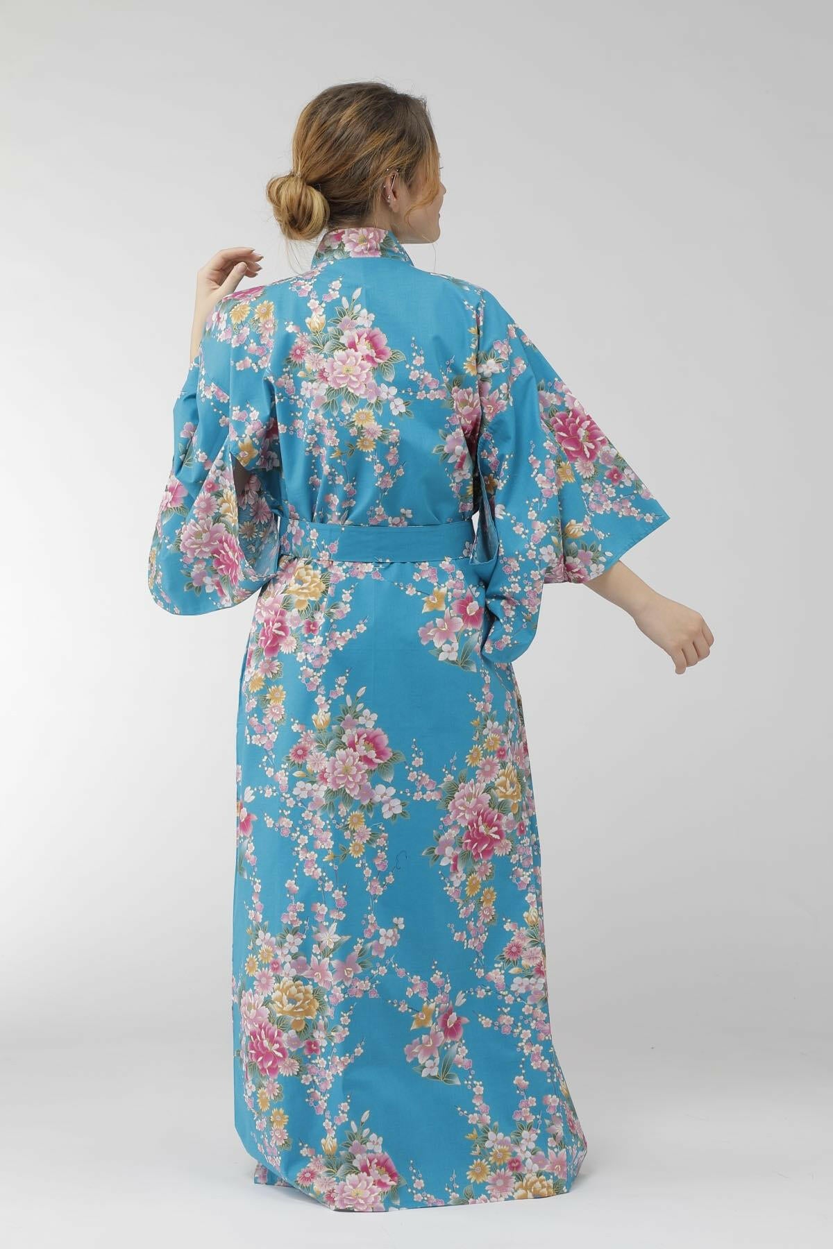 Women Peony & Orchis Cotton Yukata Kimono Color Turquoise Model Rear View