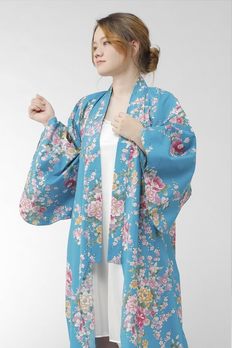 Women Peony & Orchis Cotton Short Yukata Kimono Color Turquoise Model Front No Belt View