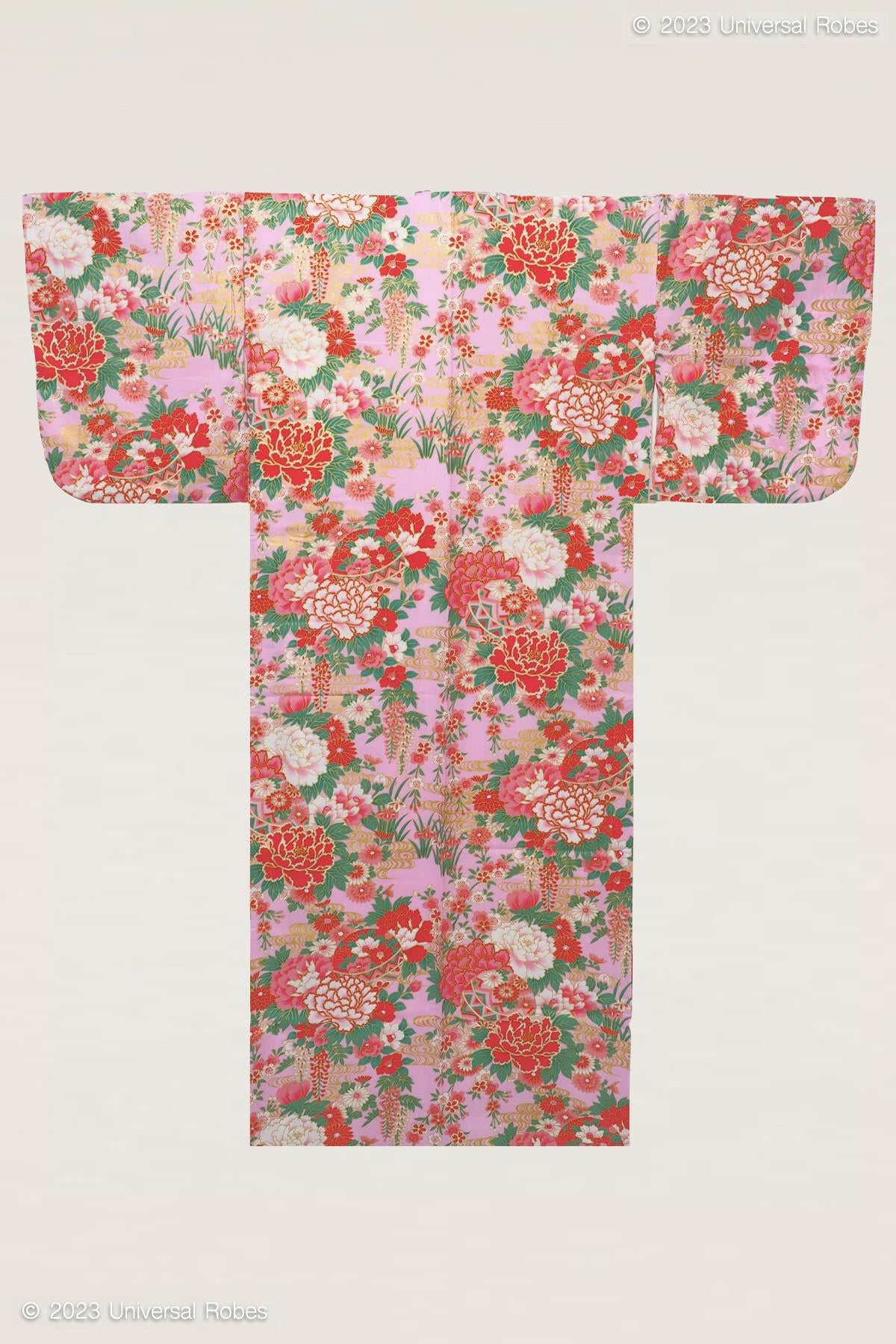 Women Ball with Peony Thread Cotton Yukata Kimono Color Pink Product Whole View