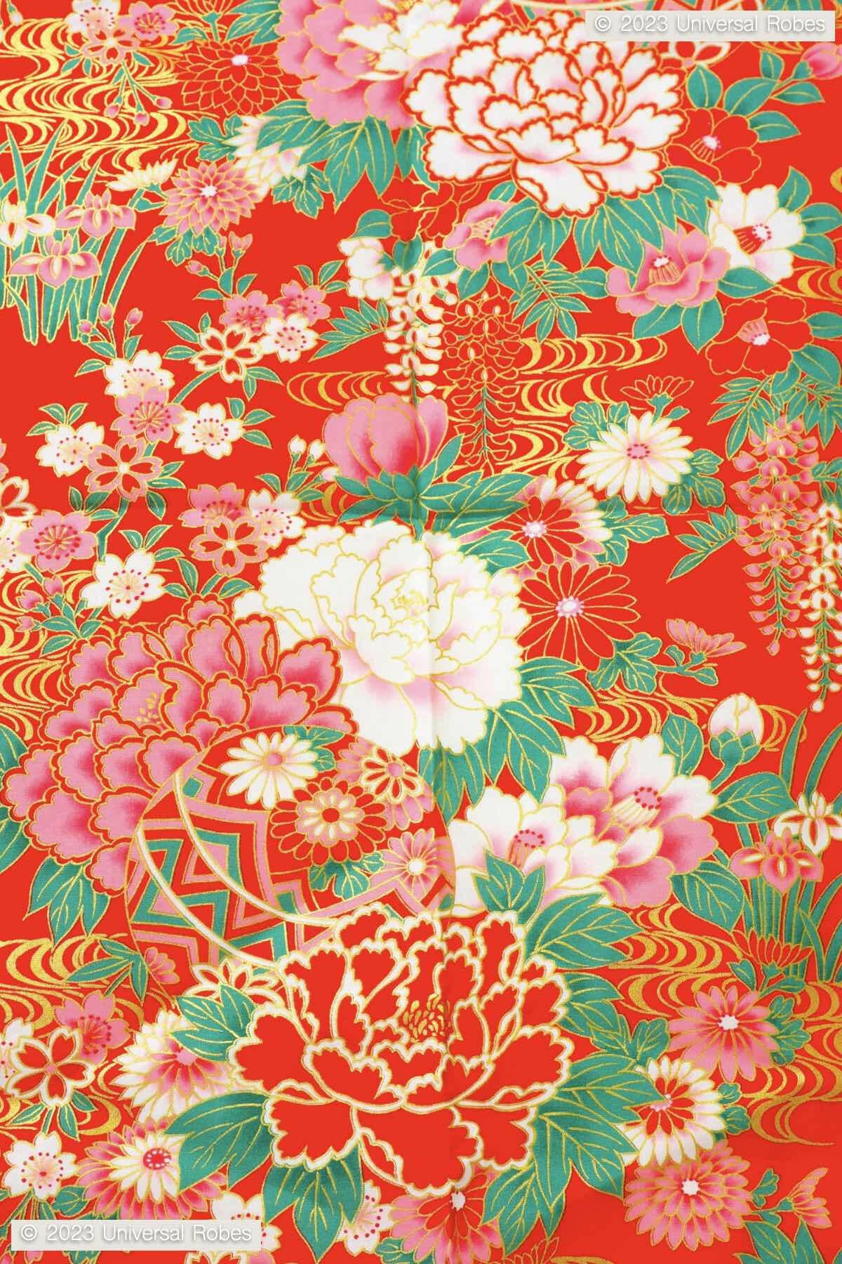 Women Ball with Peony Thread Cotton Yukata Kimono Color Red Product Zoom View