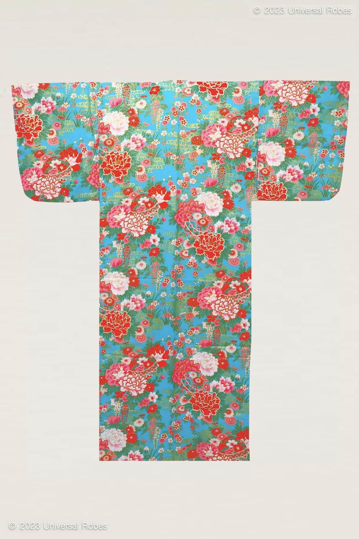 Women Ball with Peony Thread Cotton Yukata Kimono Color Turquoise Product Whole View