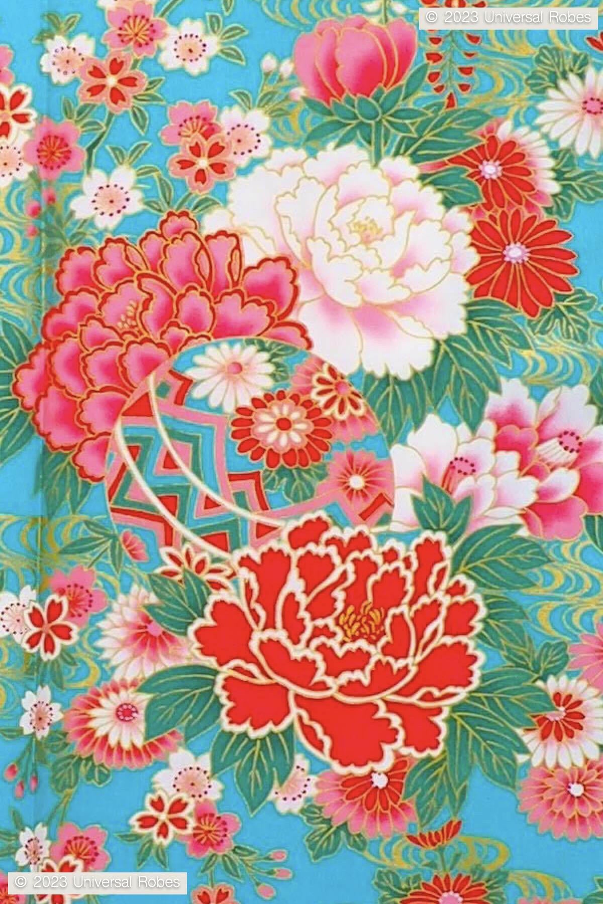 Women Ball with Peony Thread Cotton Yukata Kimono Color Turquoise Product Super Zoom View