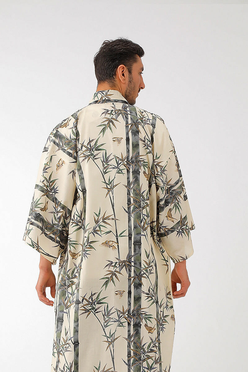 Men Bamboo & Sparrow Cotton Short Yukata Kimono Model Rear View