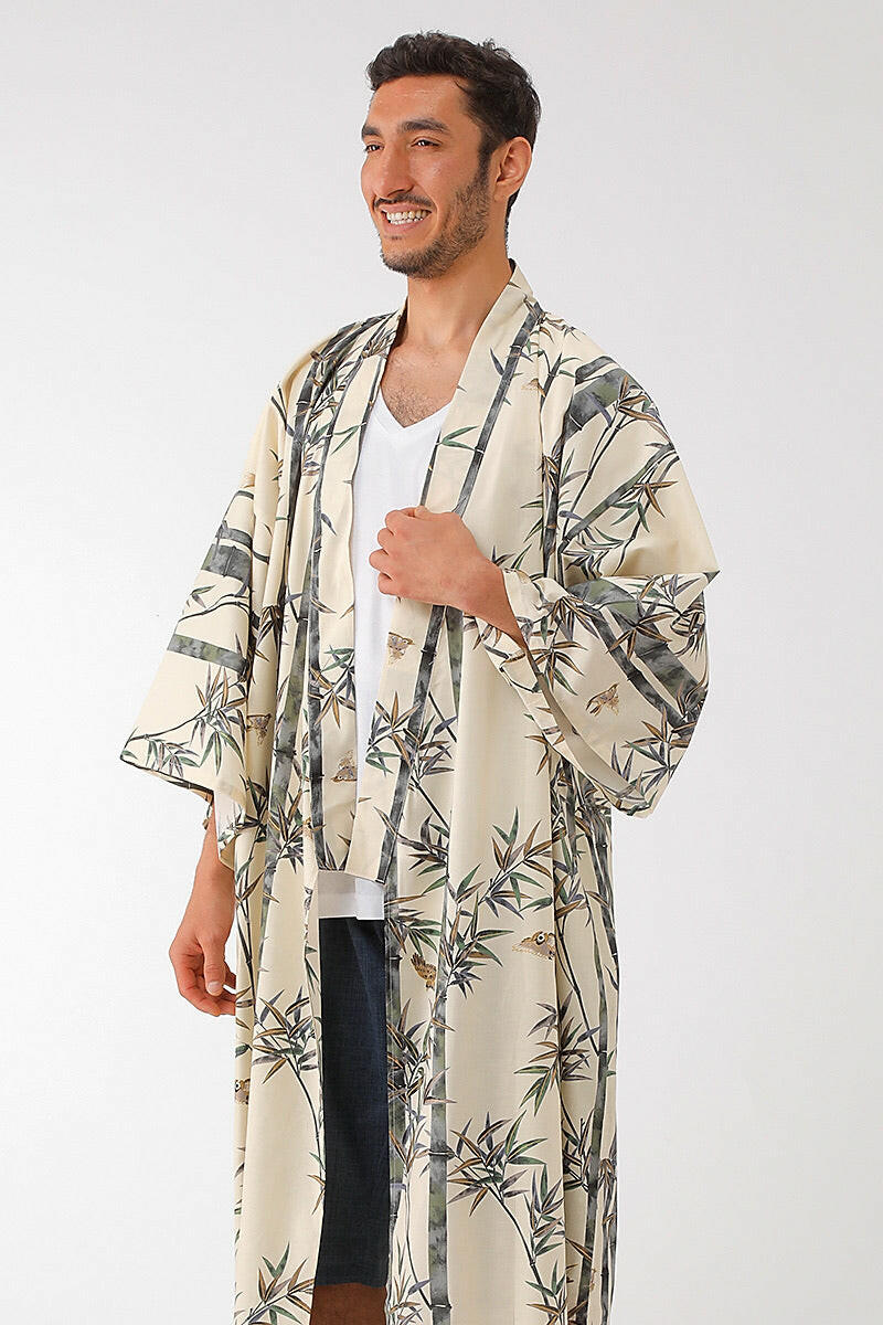 Men Bamboo & Sparrow Cotton Short Yukata Kimono Model Front View