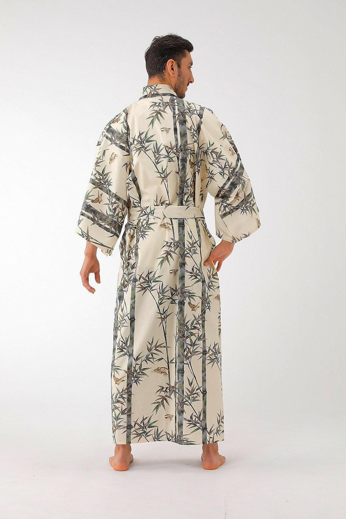 Men Bamboo & Sparrow Cotton Yukata Kimono Model Rear View