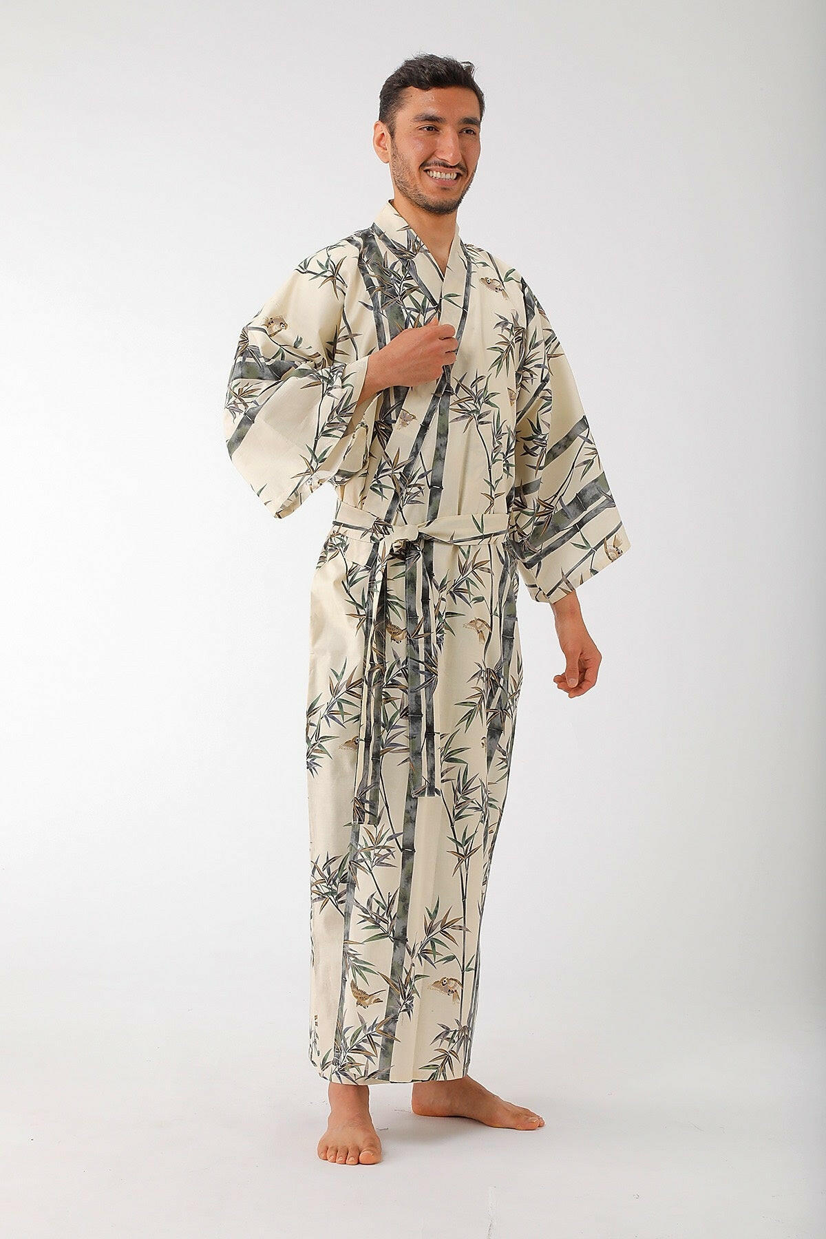 Men Bamboo & Sparrow Cotton Yukata Kimono Model Front View