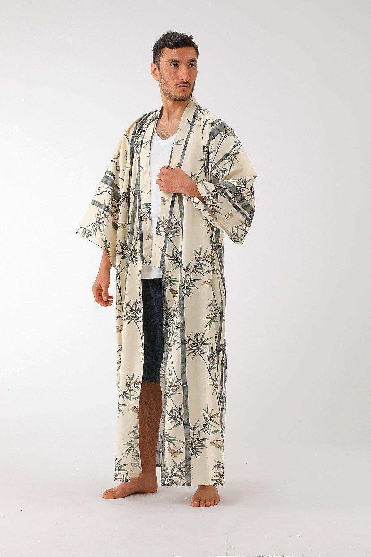 Men Bamboo & Sparrow Cotton Yukata Kimono Model Front No Belt View