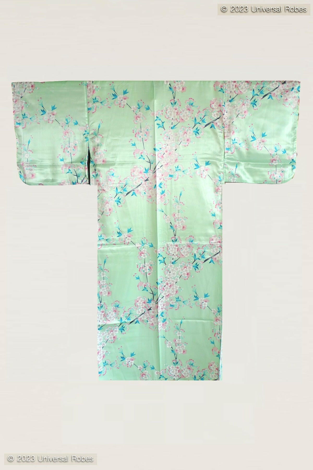 Women Beautiful Cherry Blossoms Polyester Kimono Color Turquoise Product Whole View