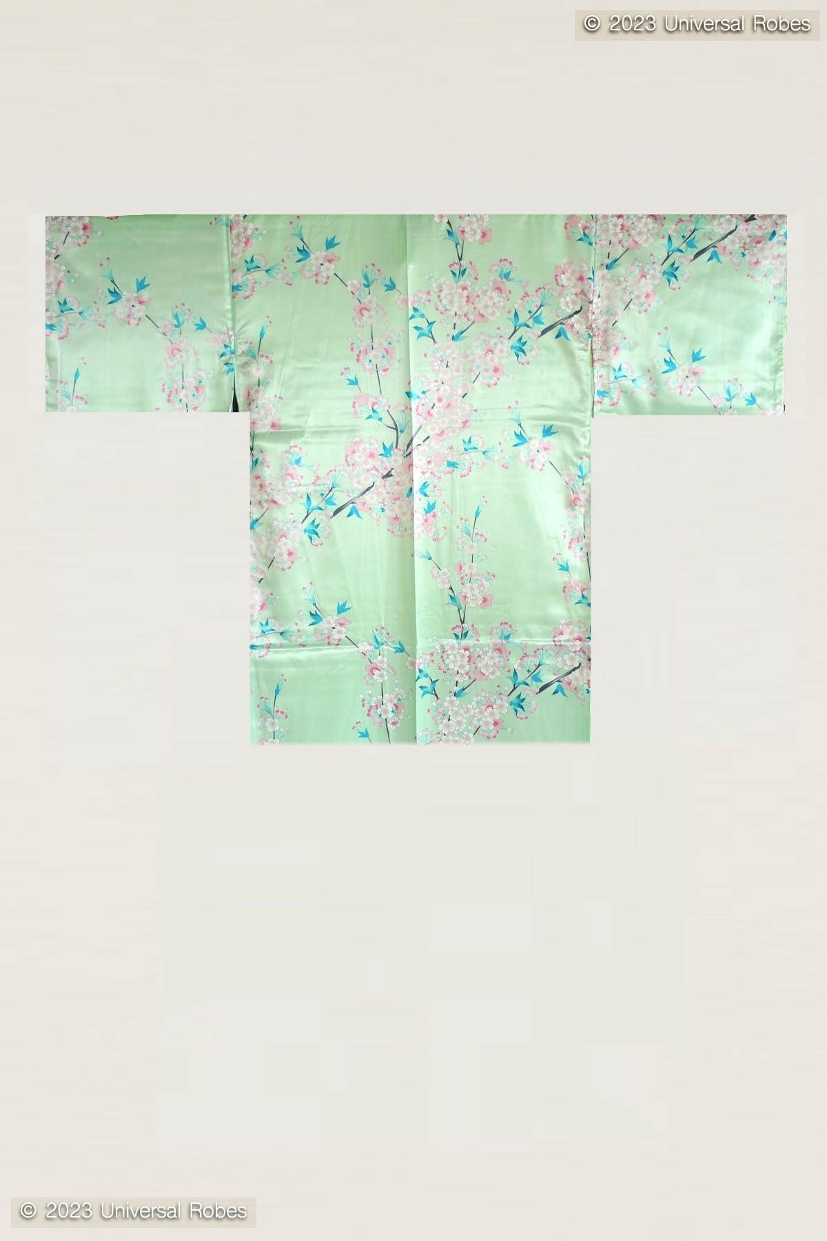 Women Beautiful Cherry Blossoms Polyester Very Short Kimono Color Turquoise Product Whole View