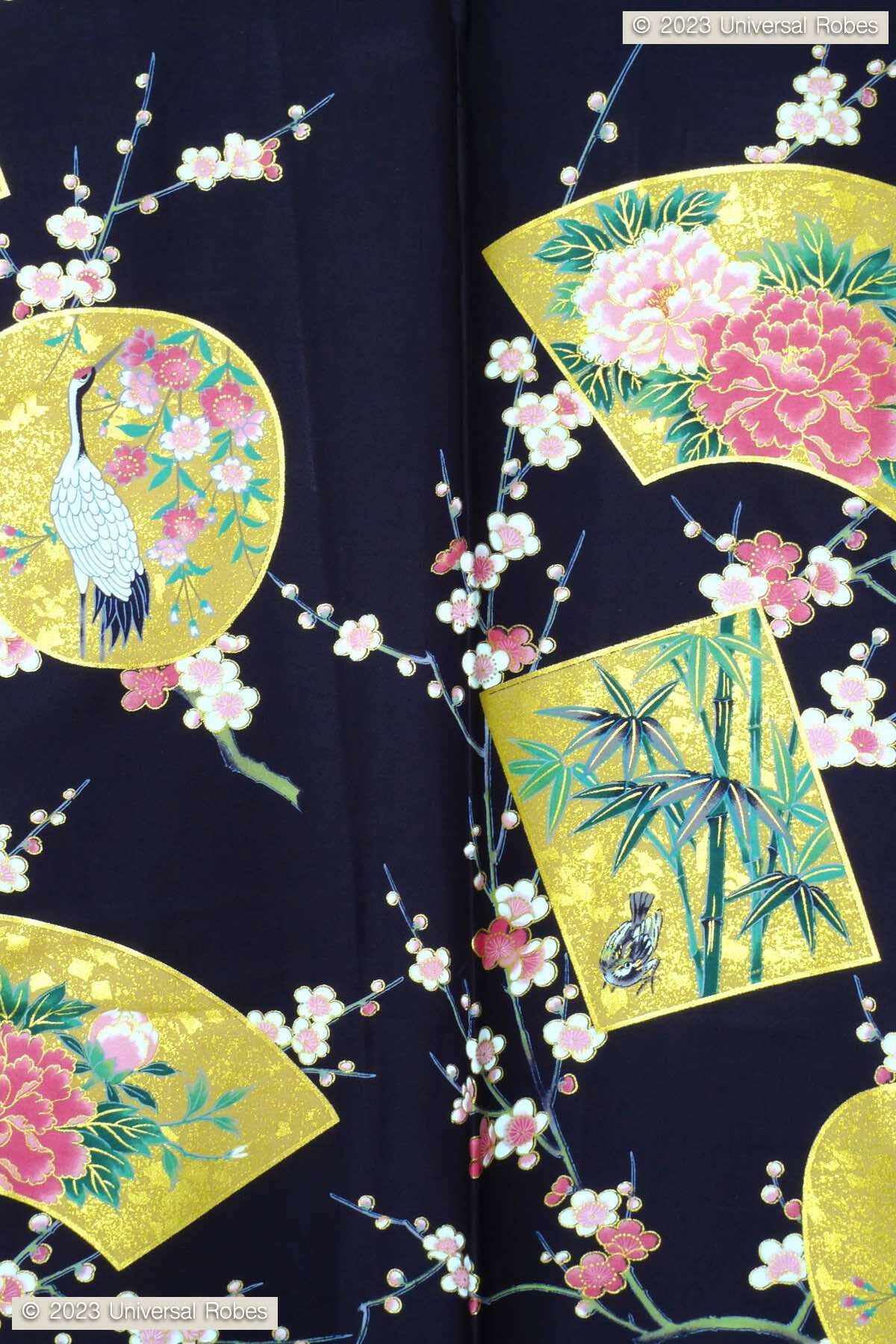 Women Beautiful Crane Cotton Sateen Short Kimono Color Black Product Zoom View