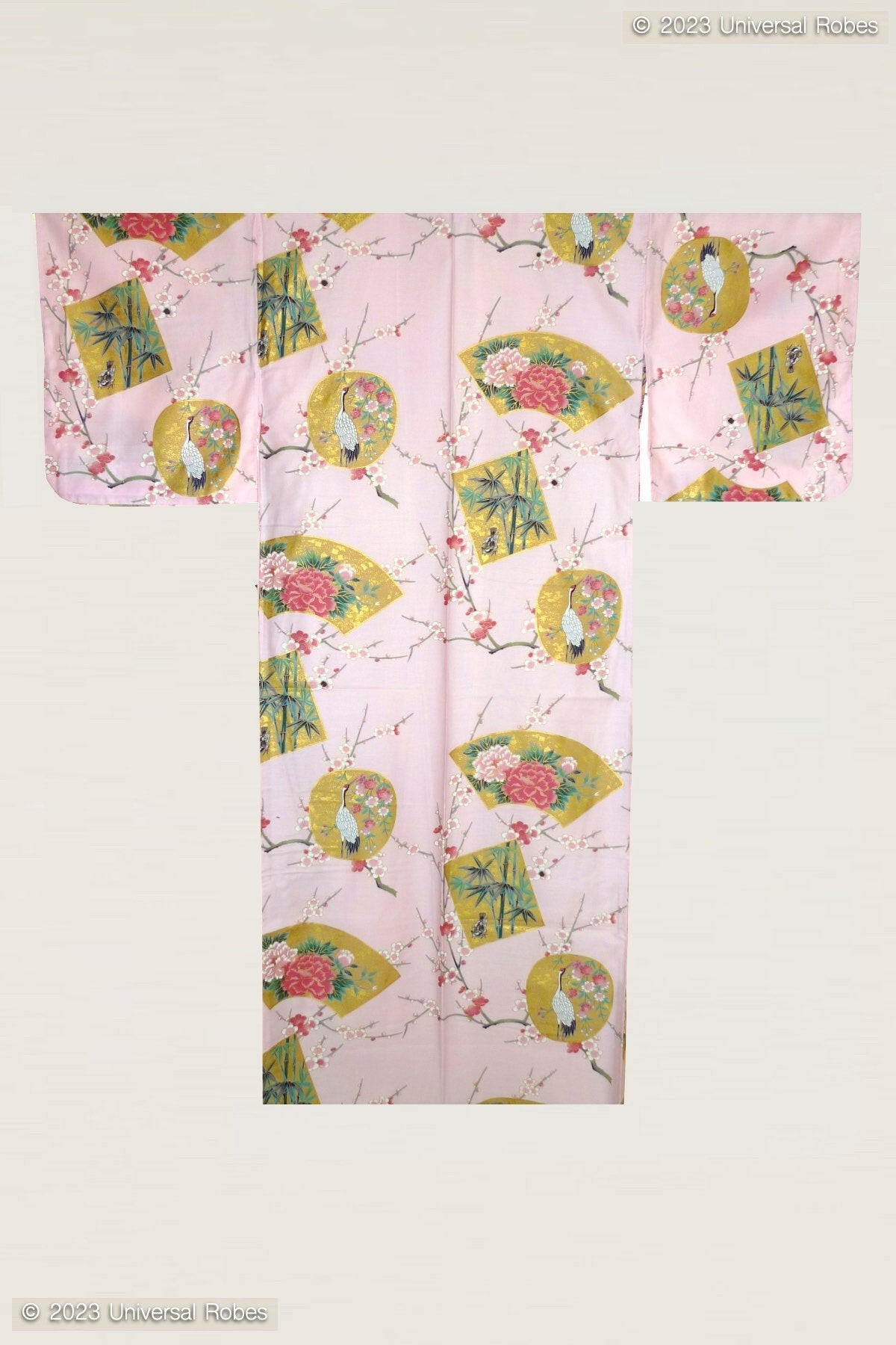 Women Beautiful Crane Cotton Sateen Kimono Color Pink Product Whole View