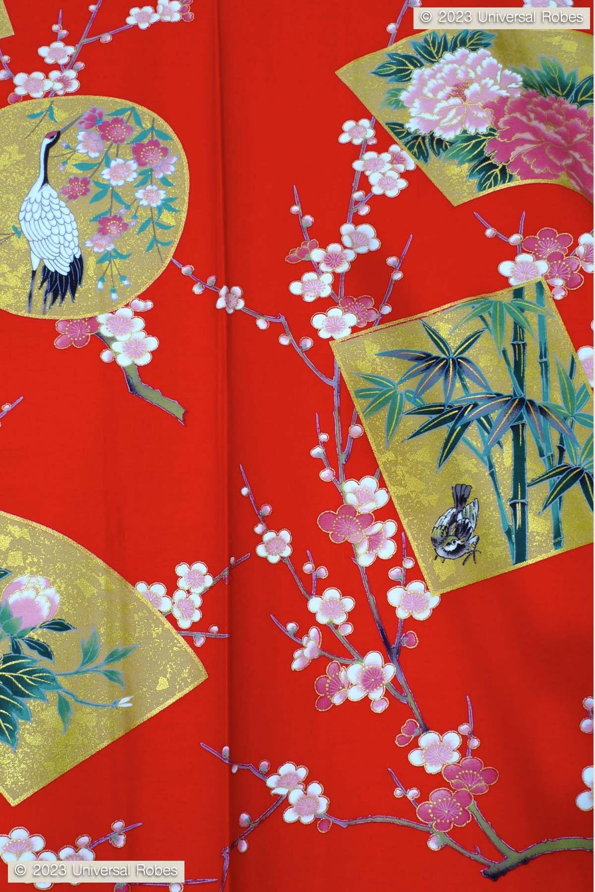 Women Beautiful Crane Cotton Sateen Short Kimono Color Red Product Zoom View