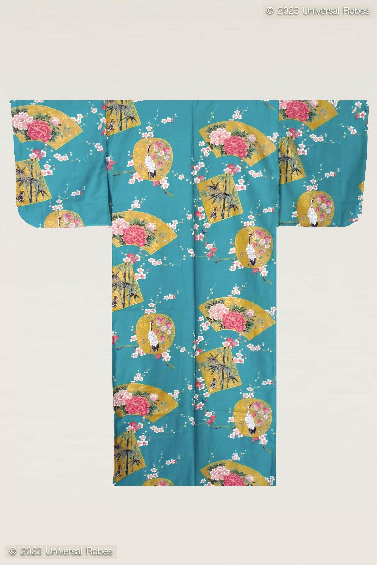 Women Beautiful Crane Cotton Sateen Kimono Color Turquoise Product Whole View