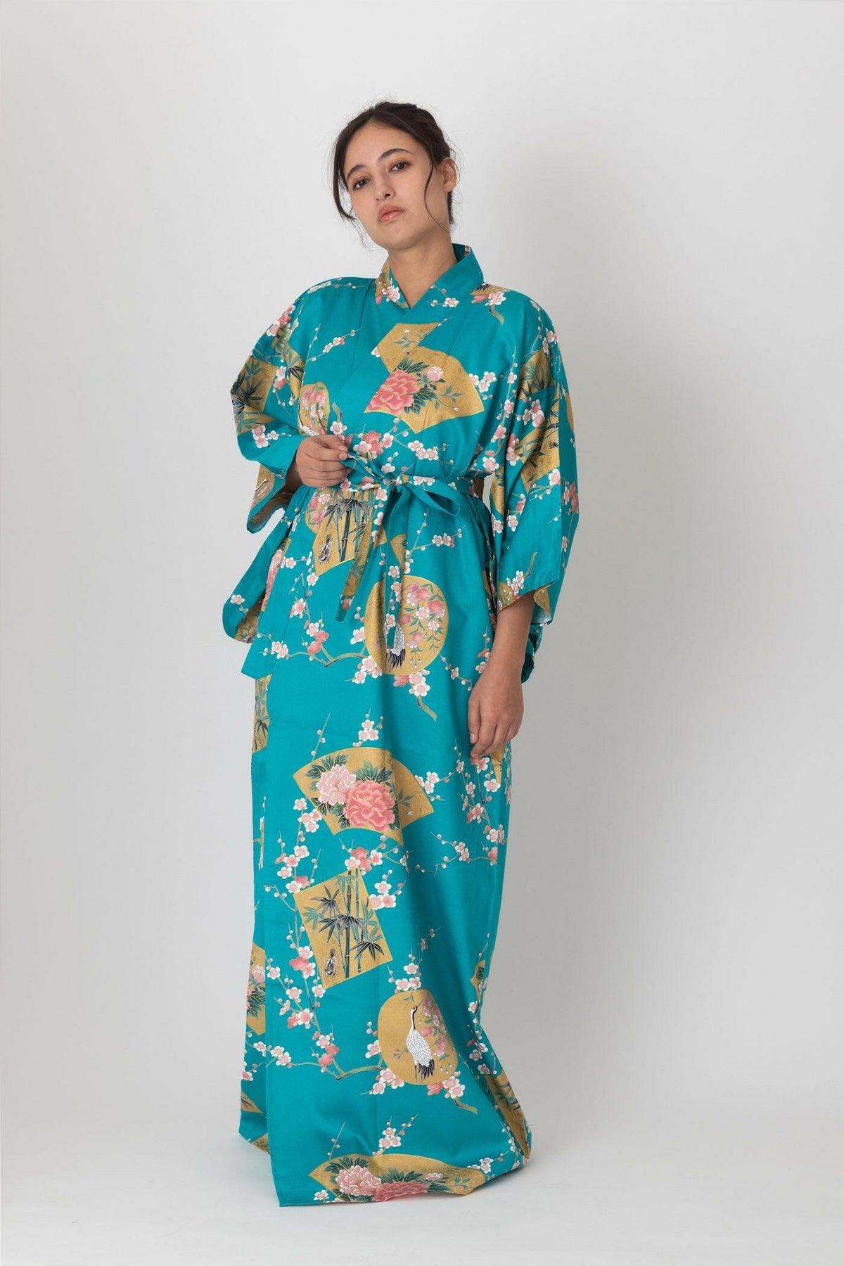 Women Beautiful Crane Cotton Sateen Kimono Color Turquoise Model Front View