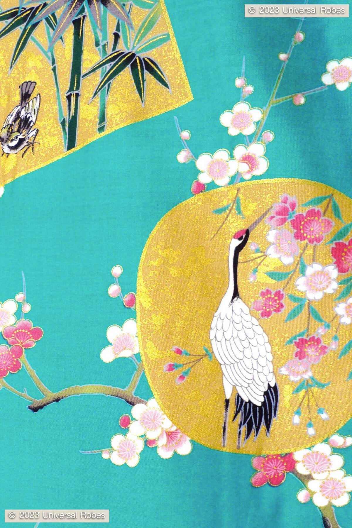 Women Beautiful Crane Cotton Sateen Short Kimono Color Turquoise Product Zoom View