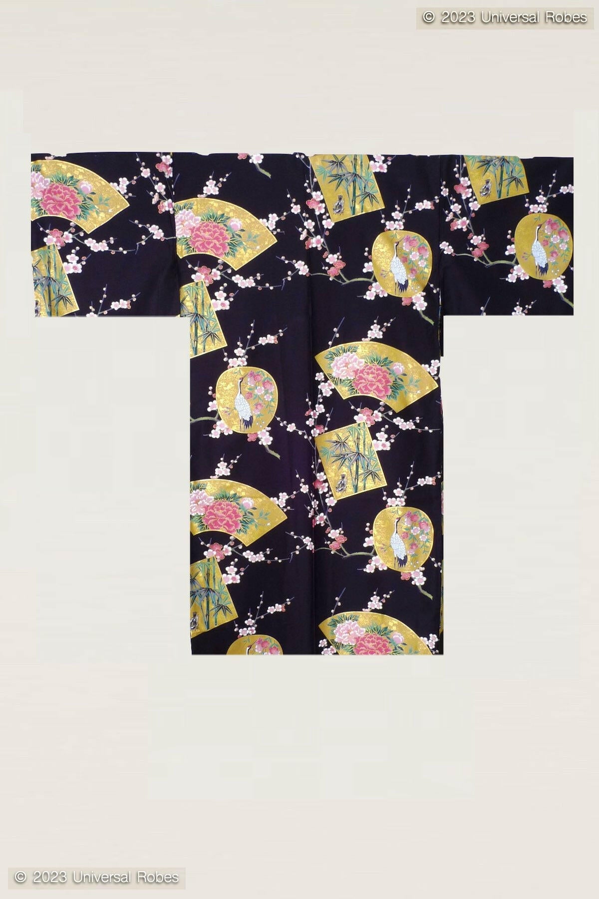 Women Beautiful Crane Cotton Sateen Short Kimono Color Black Product Whole View