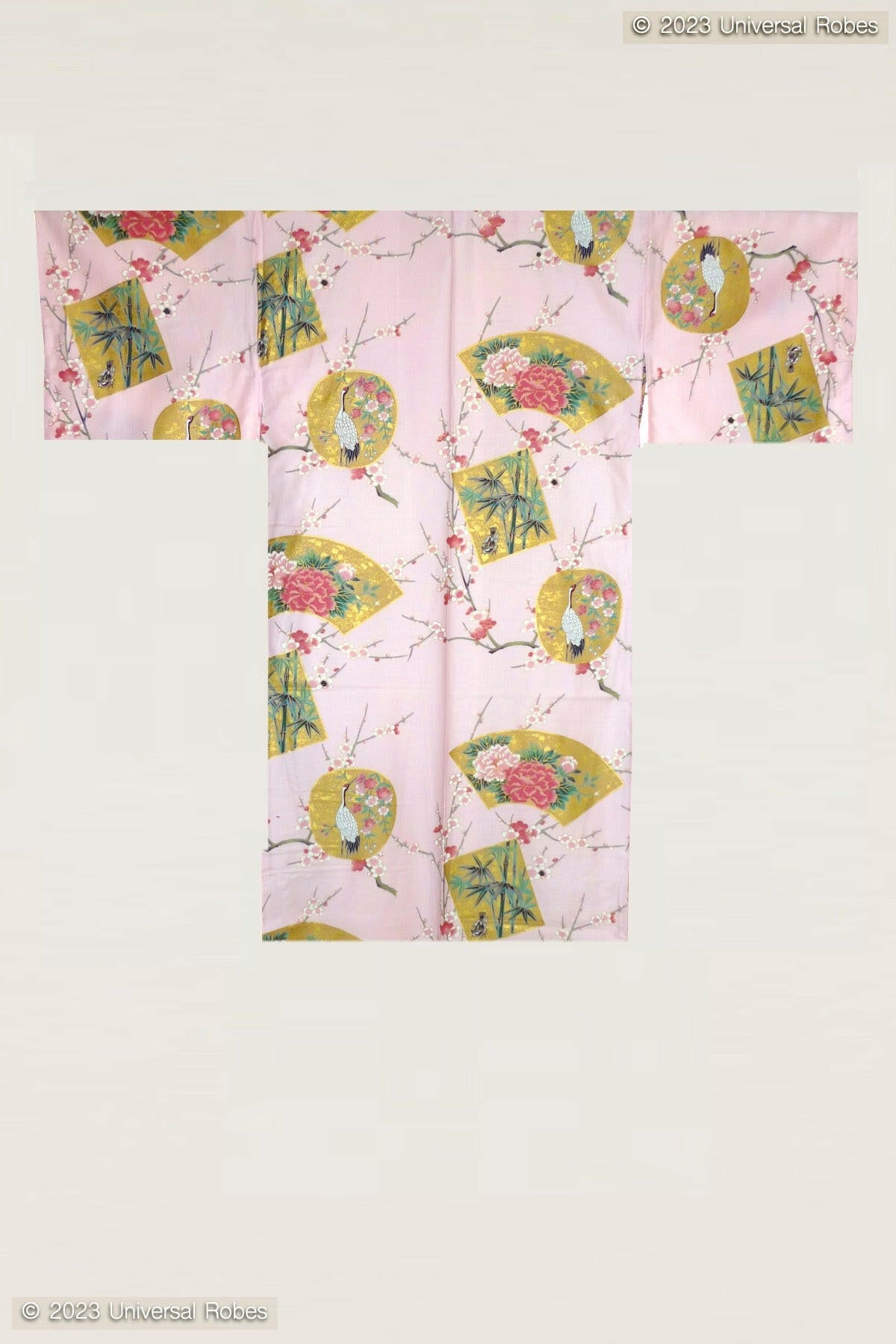 Women Beautiful Crane Cotton Sateen Short Kimono Color Pink Product Whole View