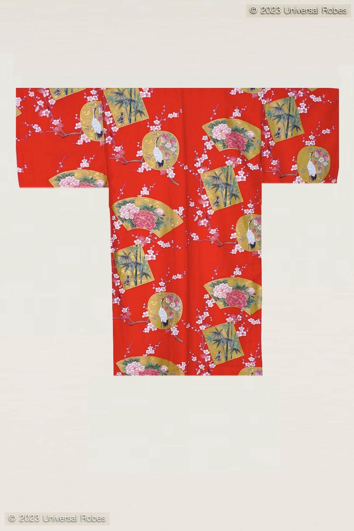 Women Beautiful Crane Cotton Sateen Short Kimono Color Red Product Whole View