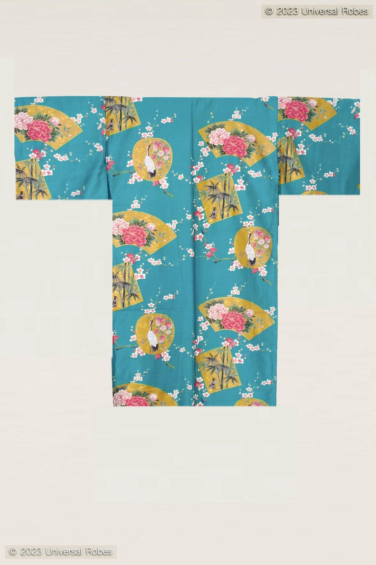Women Beautiful Crane Cotton Sateen Short Kimono Color Turquoise Product Whole View