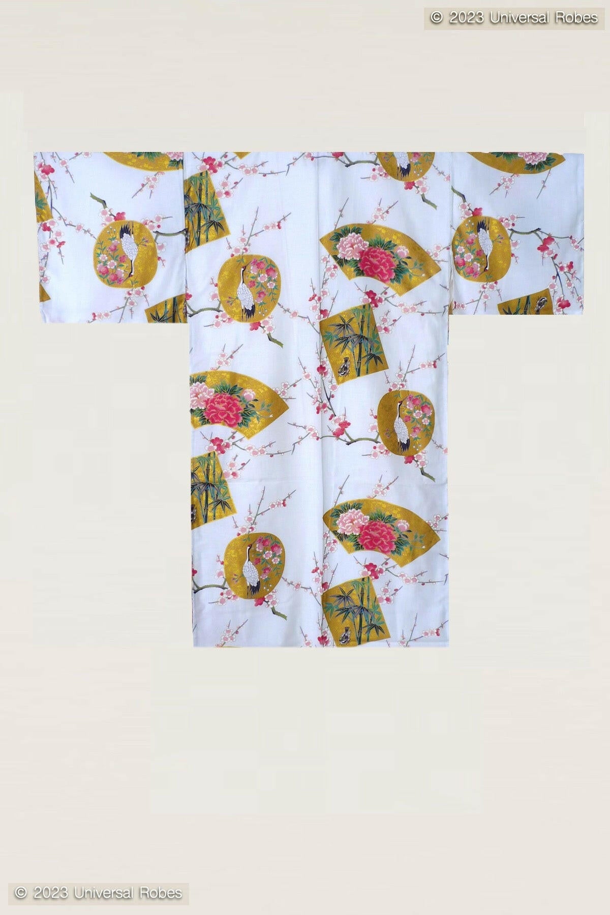 Women Beautiful Crane Cotton Sateen Short Kimono Color White Product Whole View