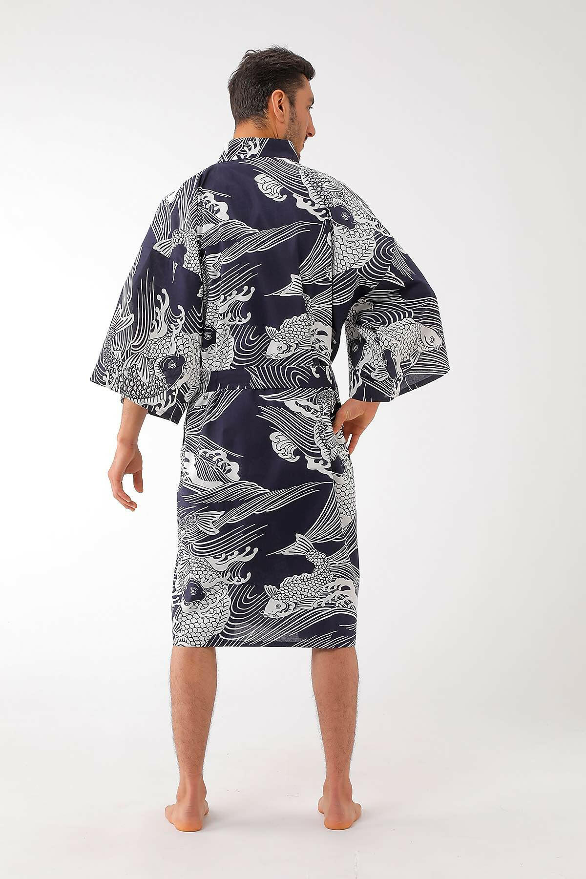Men Carp Cotton Short Yukata Kimono Model Rear View