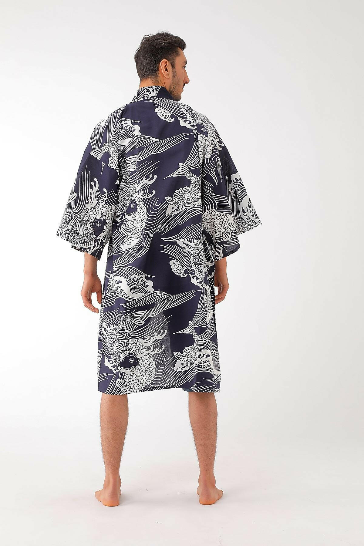 Men Carp Cotton Short Yukata Kimono Model Back No Belt View