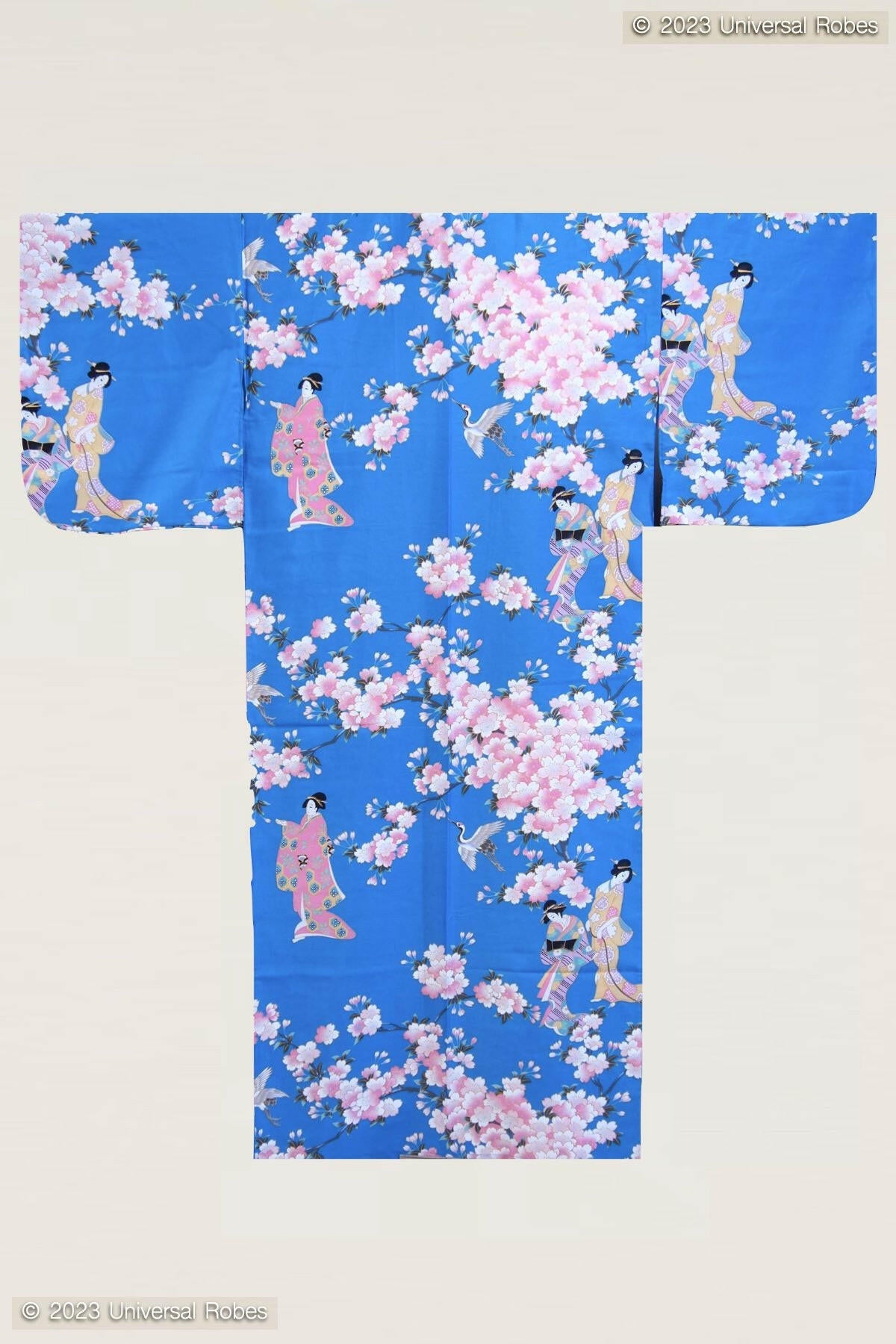 Women Cherry Blossom & Beauty Cotton Sateen Kimono Color Blue Product Whole View