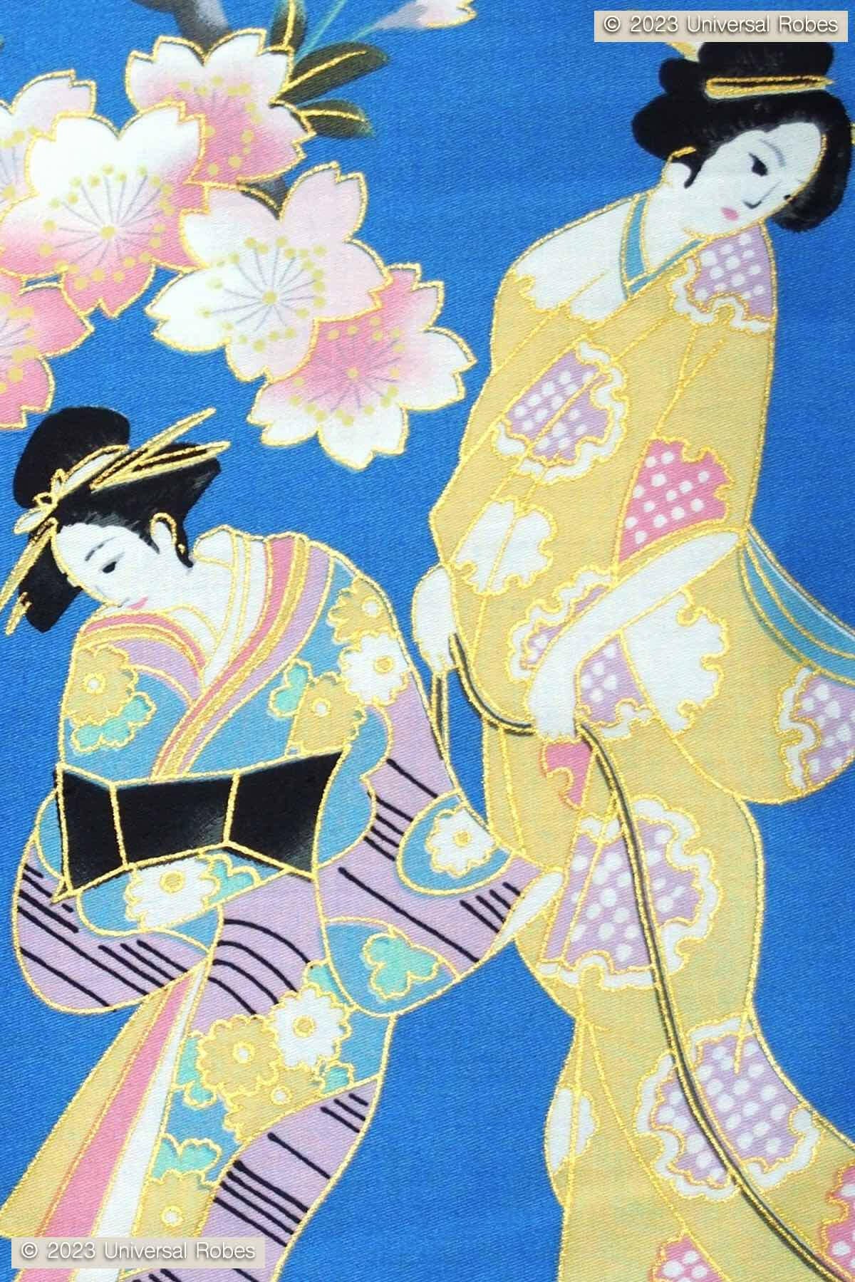 Women Cherry Blossom & Beauty Cotton Sateen Short Kimono Color Blue Product Zoom View