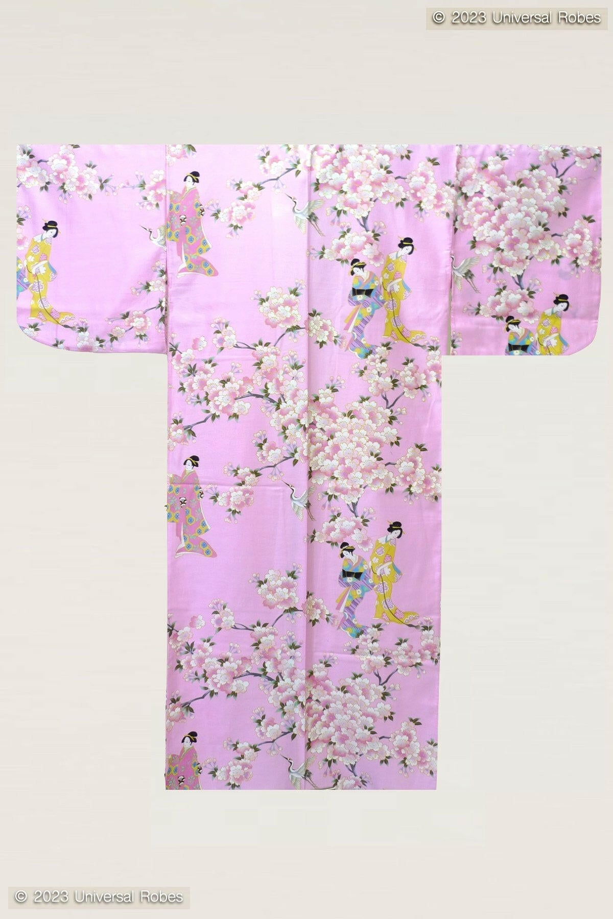 Women Cherry Blossom & Beauty Cotton Sateen Kimono Color Pink Product Whole View