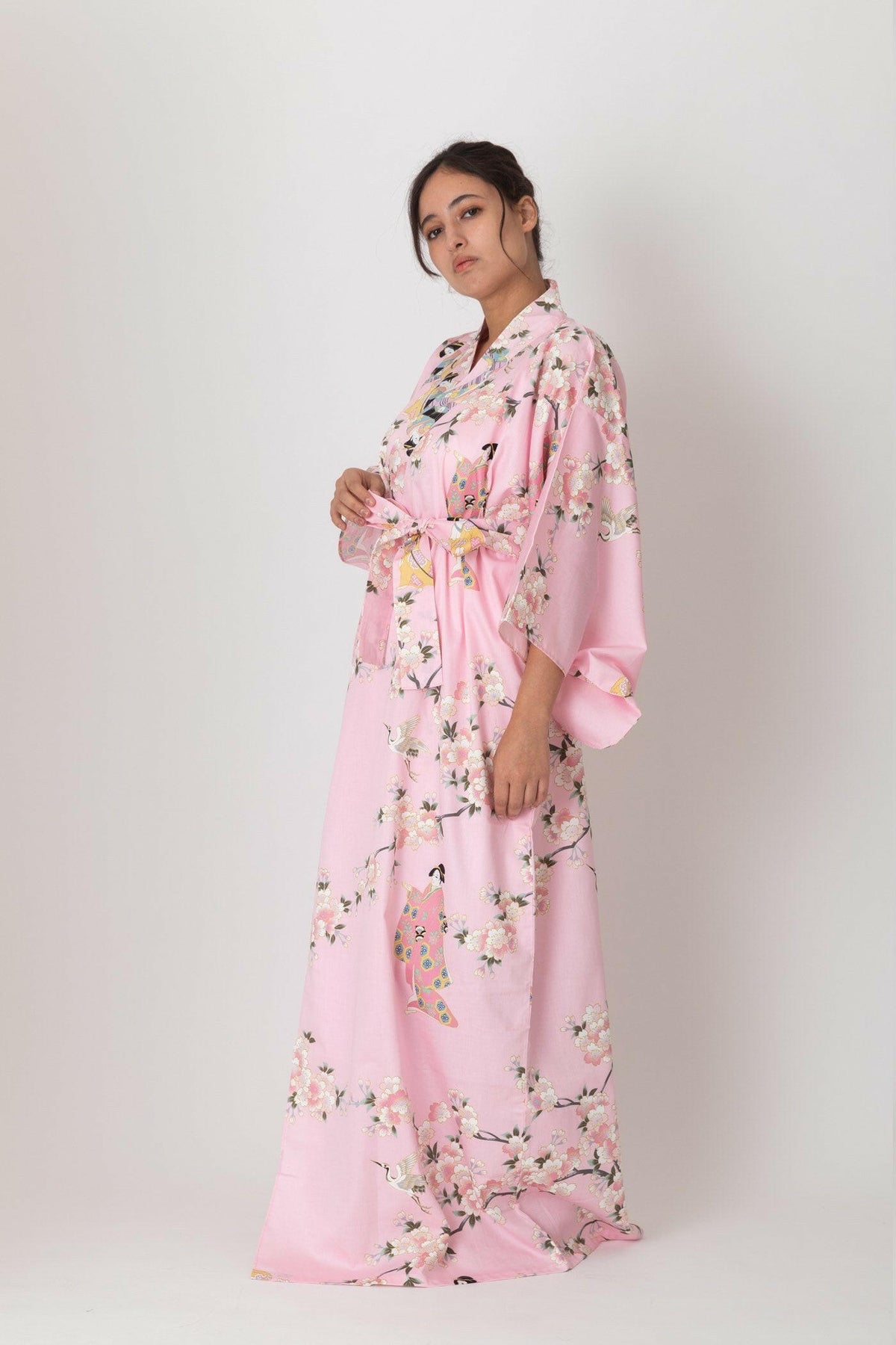 Women Cherry Blossom & Beauty Cotton Sateen Kimono Color Pink Model Side View