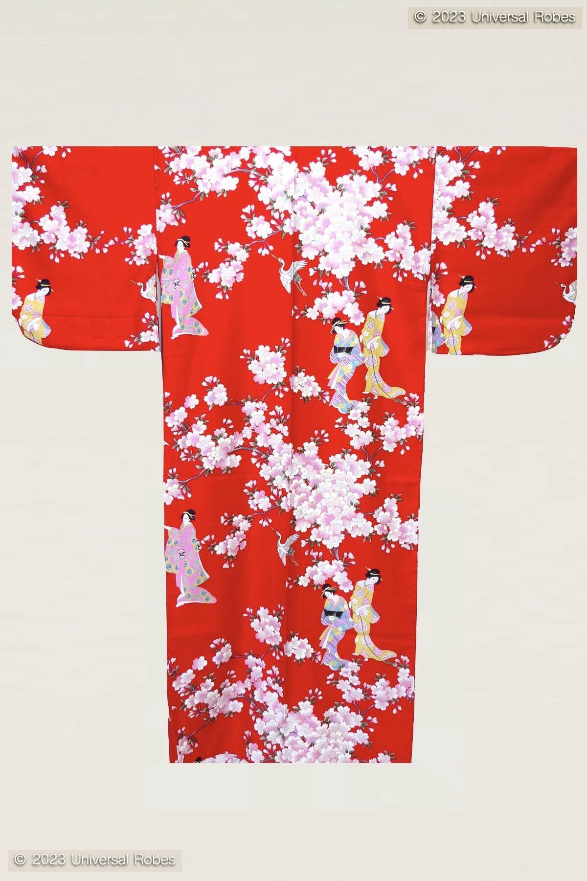 Women Cherry Blossom & Beauty Cotton Sateen Kimono Color Red Product Whole View