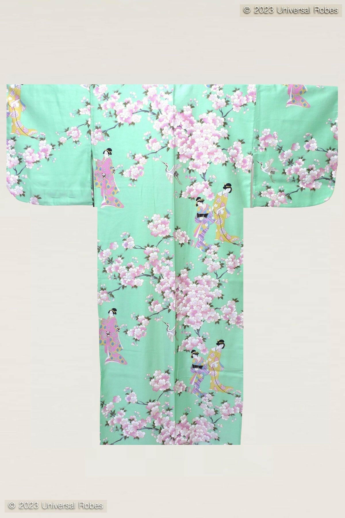 Women Cherry Blossom & Beauty Cotton Sateen Kimono Color Turquoise Product Whole View